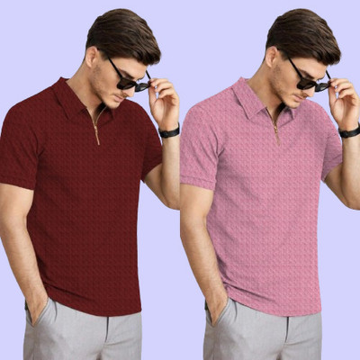 TELOXY Solid Men Polo Neck Maroon, Pink T-Shirt