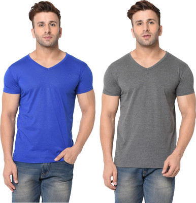 Tresna Trendy Solid Men V Neck Blue, Grey T-Shirt