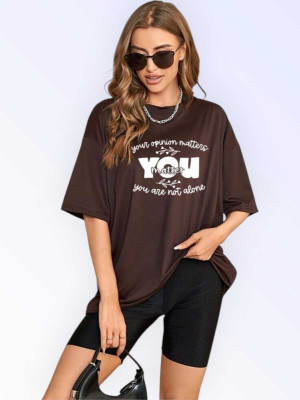 Stylicity Printed Women Round Neck Brown T-Shirt