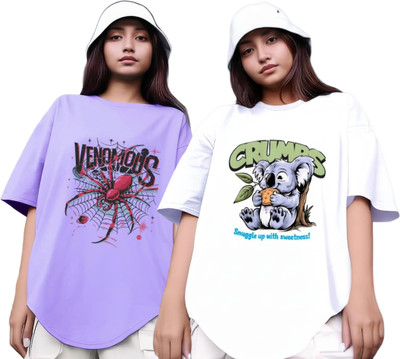 RS FASHION Printed Women Round Neck Purple, White T-Shirt