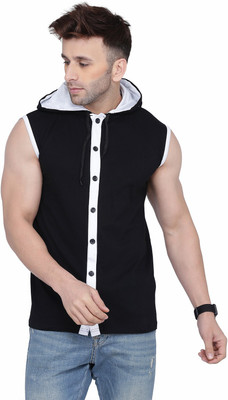 GEUM Solid Men Hooded Neck Black T-Shirt