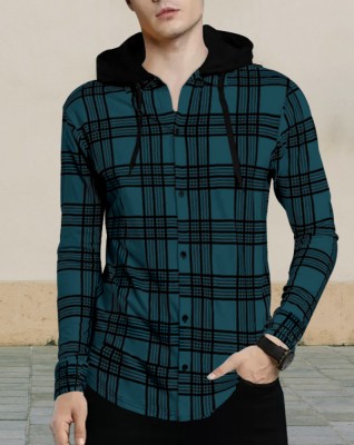 GARBLY Checkered Men Hooded Neck Blue T-Shirt