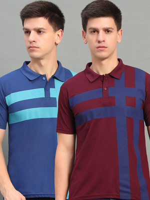 THE CASUALS Striped Men Polo Neck Maroon T-Shirt