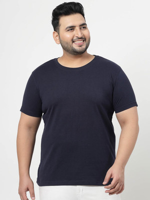 PLUSS Solid Men Round Neck Blue T-Shirt