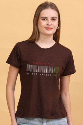 HOUSEOFFASHION Printed Women Round Neck Brown T-Shirt