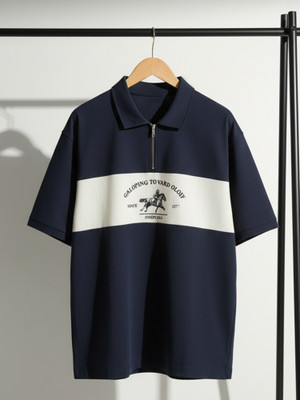 Jump Cuts Printed Men Polo Neck Reversible Dark Blue, White T-Shirt