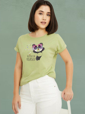 Lecowar Printed Women Round Neck Green T-Shirt