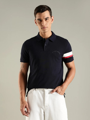 TOMMY HILFIGER Striped Men Polo Neck Navy Blue T-Shirt