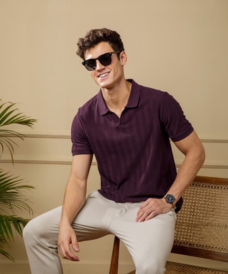 Damensch Solid Men Polo Neck Purple T-Shirt