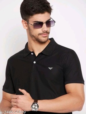 twe Solid Men Polo Neck Black T-Shirt