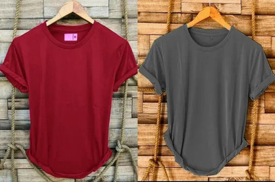 V DAS Solid Men Round Neck Reversible Maroon, Grey T-Shirt