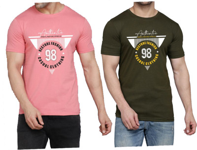 WOOSTRO Printed Men Round Neck Pink, Dark Green T-Shirt