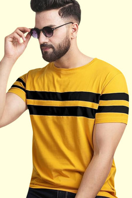 FARBOT Striped Men Round Neck Yellow T-Shirt