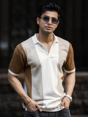 MANIAC Self Design Men Polo Neck Beige, Brown, White T-Shirt