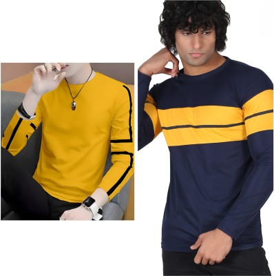 Farlucci Striped Men Henley Neck Yellow, Navy Blue T-Shirt