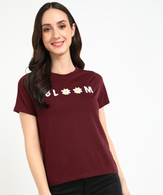 PROVOGUE Printed Women Round Neck Maroon T-Shirt