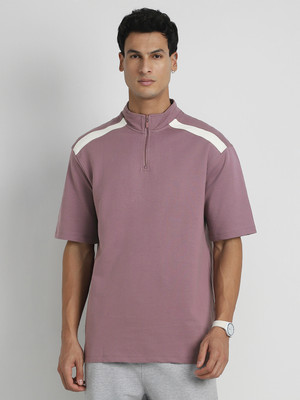 NOBERO Solid Men Zip Neck Purple T-Shirt