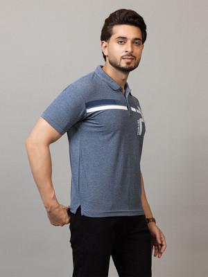 RosyRains Printed Men Polo Neck Blue T-Shirt