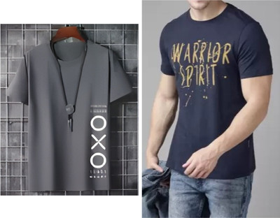 Pachirisu Printed Men Round Neck Grey, Navy Blue T-Shirt