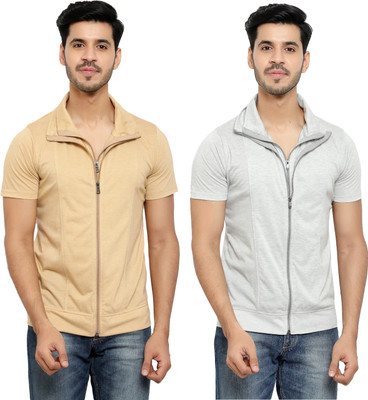 Jaskart Solid Men Polo Neck Beige, Grey T-Shirt
