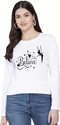 SQF Printed, Typography Women Round Neck White T-Shirt