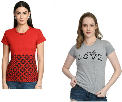 IndiWeaves Printed Women Round Neck Multicolor T-Shirt