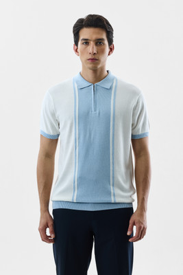 Snitch Striped Men Polo Neck Light Blue, White T-Shirt