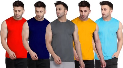 Think Tech Solid Men Round Neck Red, Dark Blue, Grey, Yellow, Light Blue T-Shirt
