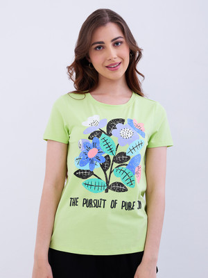 Spykar Solid Women Round Neck Green T-Shirt