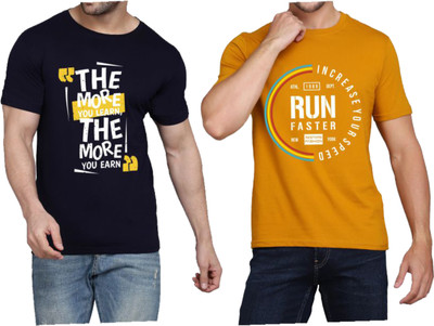 WOOSTRO Typography Men Round Neck Navy Blue, Yellow T-Shirt