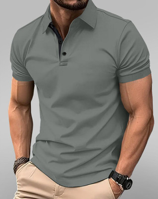 EyeBogler Solid Men Polo Neck Grey, Black T-Shirt