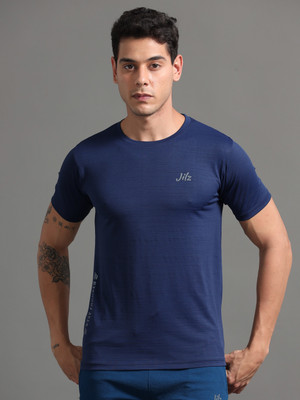 JILZ Self Design Men Round Neck Navy Blue T-Shirt