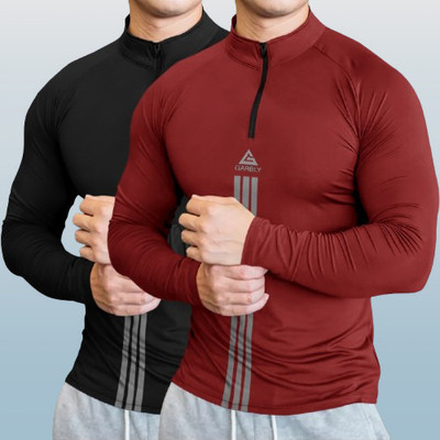 BELACHY Striped Men Henley Neck Maroon T-Shirt