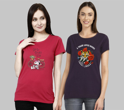 CHOZI Printed Women Round Neck Pink, Purple T-Shirt