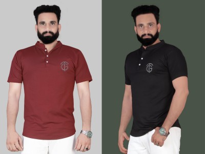 GAURI FASHION Solid Men Henley Neck Red, Black T-Shirt