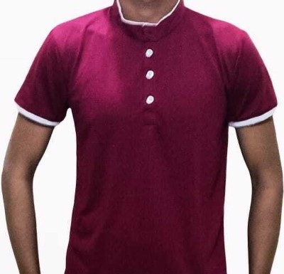 SVS Clotings Solid Men Mandarin Collar Maroon T-Shirt