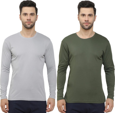 HouseOfCommon Solid Men Round Neck Grey, Dark Green T-Shirt