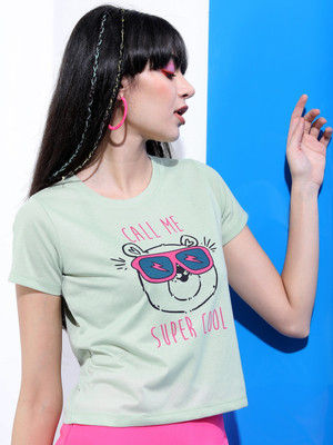 Tokyo Talkies Printed Women Round Neck Green T-Shirt