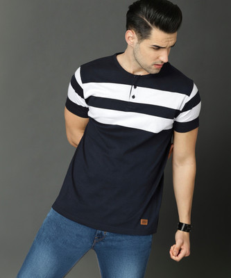 Roadster Striped Men Henley Neck Blue T-Shirt