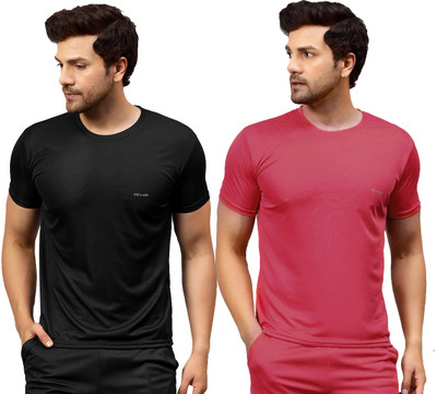 UDI n ADI Solid Men Round Neck Black, Pink T-Shirt