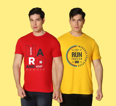 WOOSTRO Printed Men Round Neck Red, Yellow T-Shirt