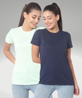 UNIFringe Solid Women Crew Neck Navy Blue, Light Green T-Shirt