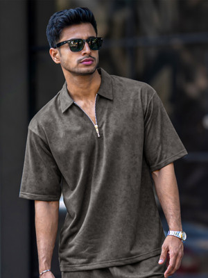 Jump Cuts Solid Men Polo Neck Grey T-Shirt