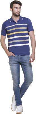 Otaya Plus Colorblock, Striped Men Mandarin Collar Navy Blue T-Shirt