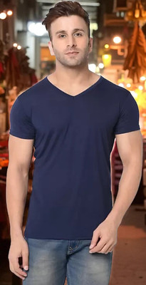 Faricon Trend Solid Men Round Neck Blue T-Shirt