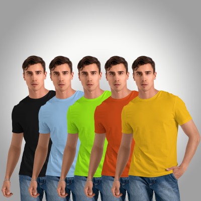 CONTENO Solid Men Round Neck Black, Light Blue, Green, Orange, Yellow T-Shirt