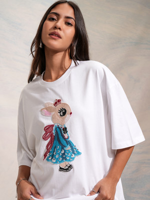 Tokyo Talkies Self Design Women Round Neck White T-Shirt