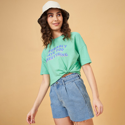PEOPLE Solid Women Round Neck Green T-Shirt