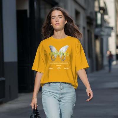 Ashkart Printed Women Round Neck Yellow T-Shirt