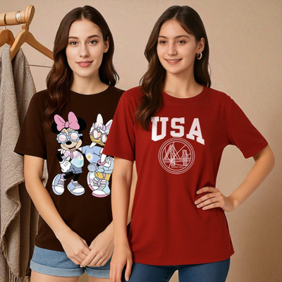 Elvia Graphic Print Women Round Neck Brown, Maroon T-Shirt
